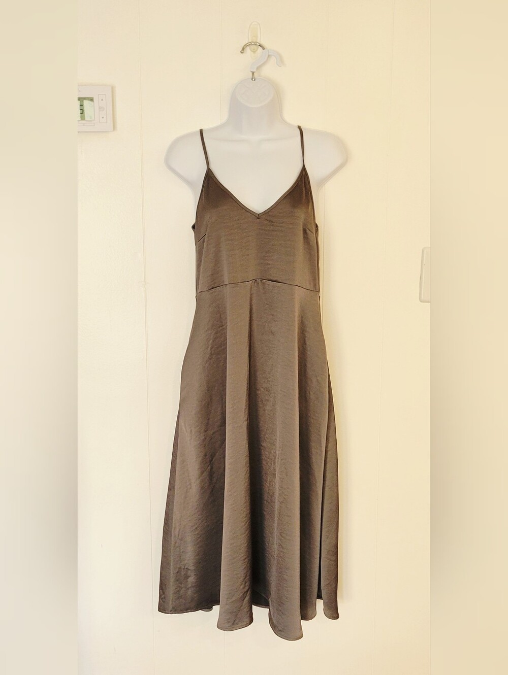 Satin V-Neck Midi Slip Dress in Brown
